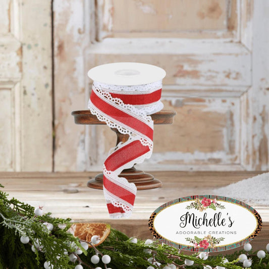 1.5" Scalloped Edge Ribbon: Red/White (10 Yard)