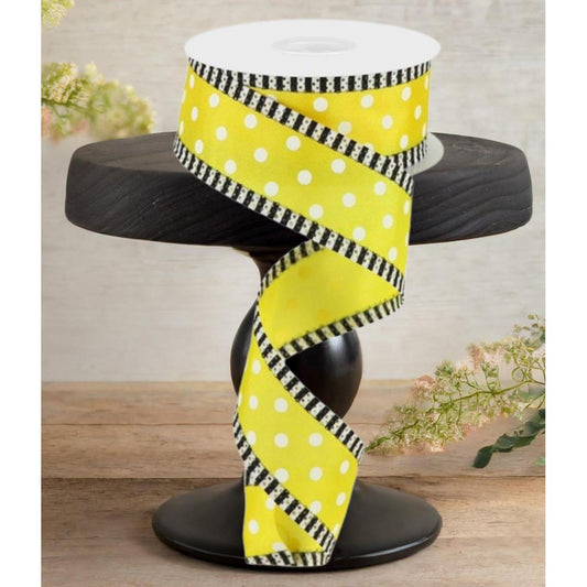 1.5" Small Polka Dot Stripe Ribbon: Yellow/White (10 Yards)