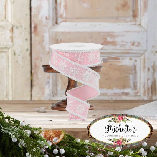 1.5" Snowflake Drift Edge Ribbon: Pale Pink (10 Yards)