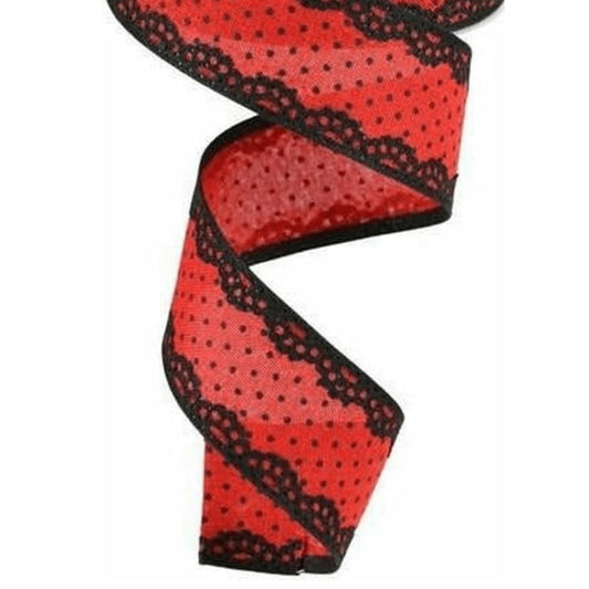 1.5" Swiss Dots Lace Edge Ribbon: Red (10 Yards)
