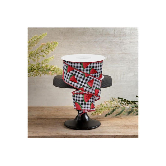 1.5" Watermelon Slice Gingham Ribbon: Black/White (10 Yards)