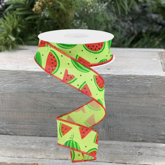 1.5" Watermelon Slices Canvas Ribbon: Bright Green (10 Yards)