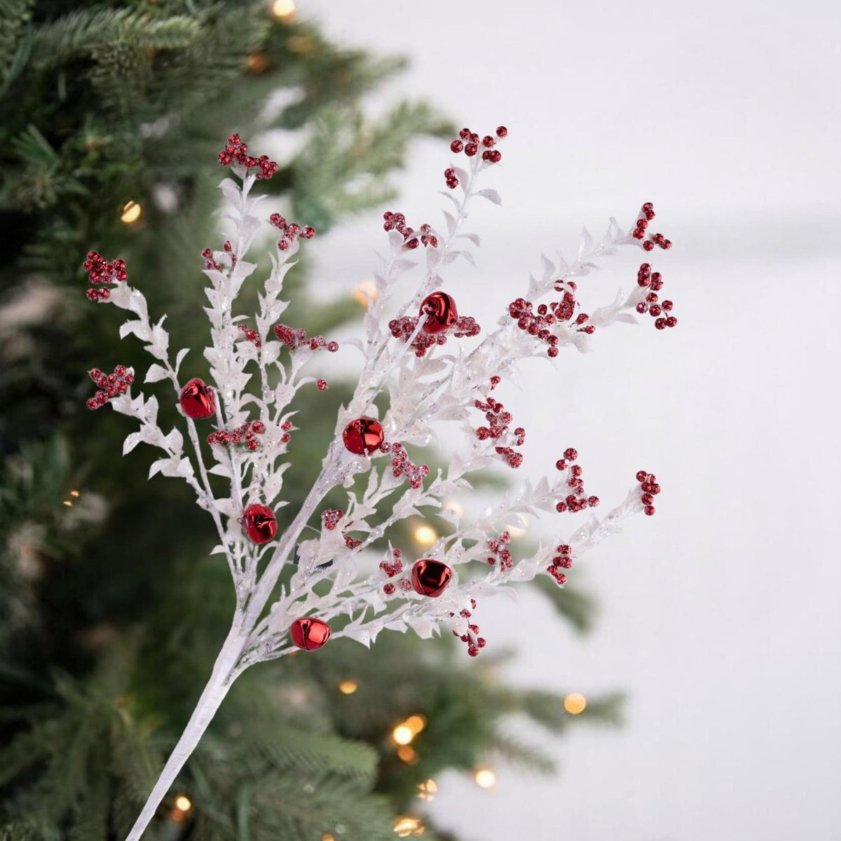 18" Jingle Bell Berry Leaf Spray: White/Red