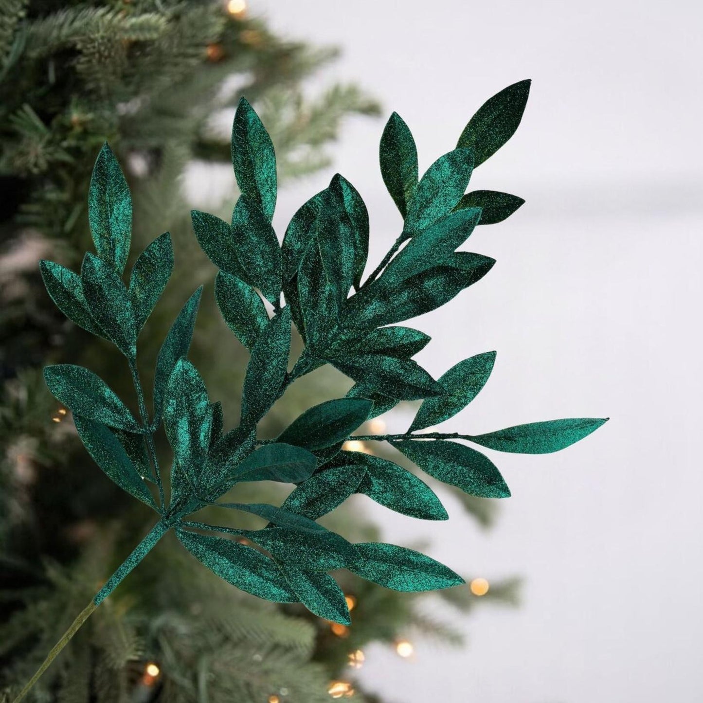 23" Glitter Bay Leaf Spray: Hunter Green