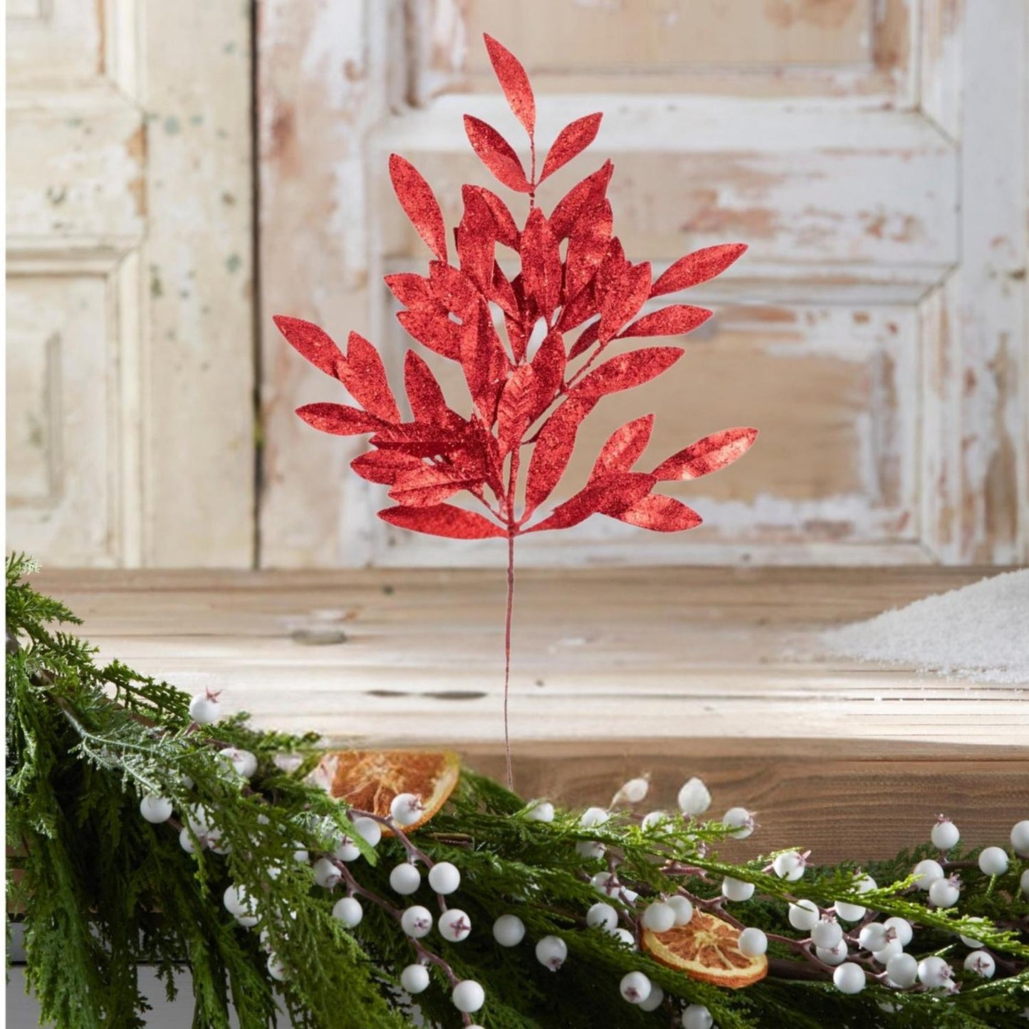 23" Glitter Bay Leaf Spray: Red
