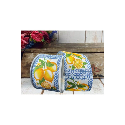 2.5" Blue Tile Squares Lemon Ribbon (10 Yards)