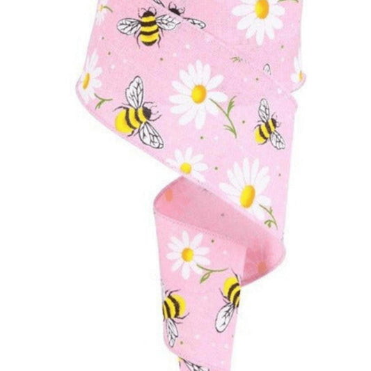 2.5" Bumble Bee Daisy Ribbon: Light Pink (10 Yards)