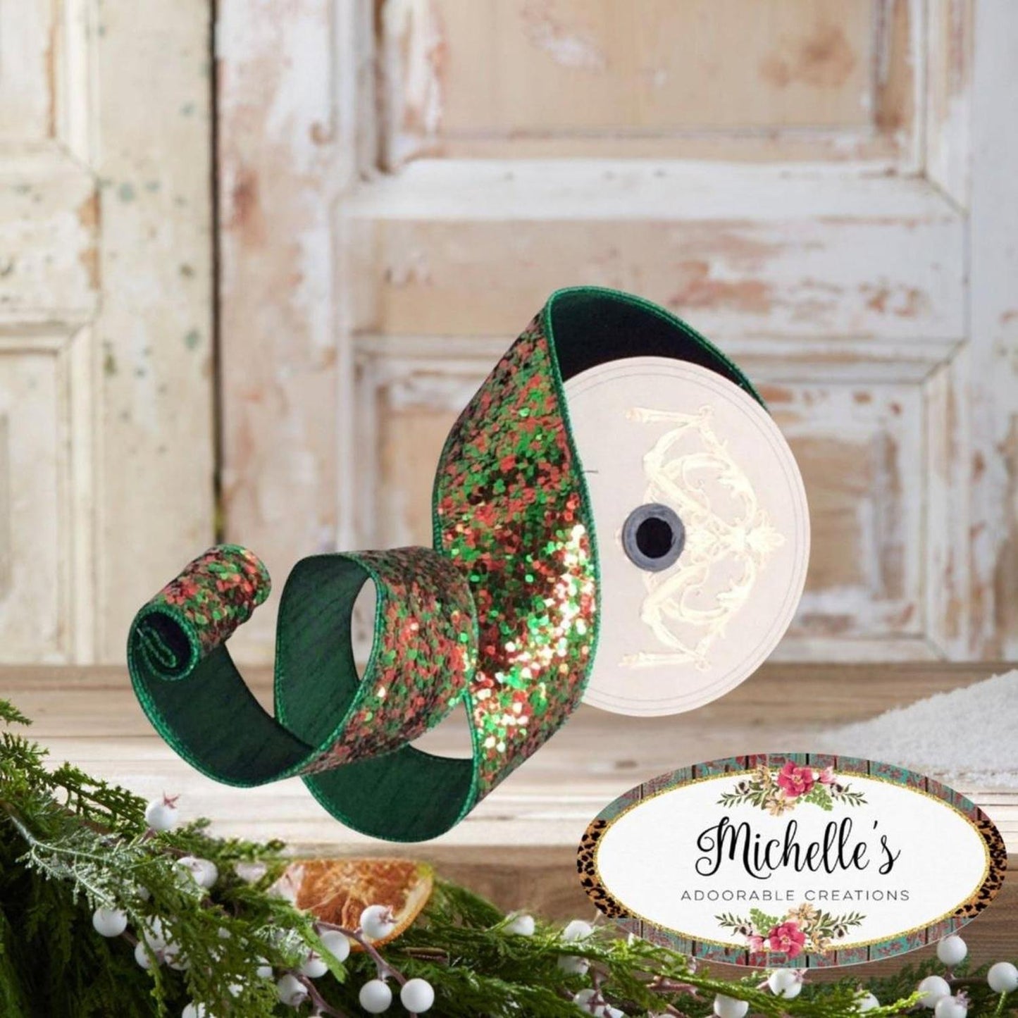 2.5" Cirque Glitter Ribbon: Emerald Green/Red (10 Yards)