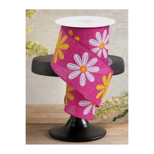 2.5" Embroidered Daisy Ribbon: Fuchsia (10 Yards)