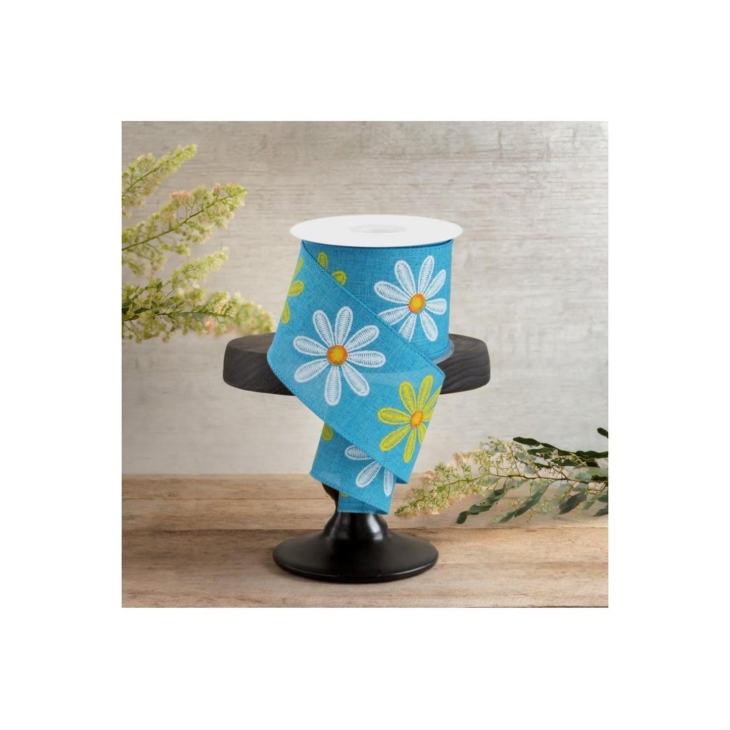 2.5" Embroidered Daisy Ribbon: Turquoise (10 Yards)
