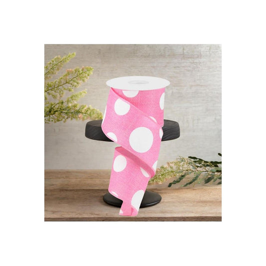 2.5" Faux Burlap Giant Polka Dot Ribbon: Light Pink & White (10 Yards)