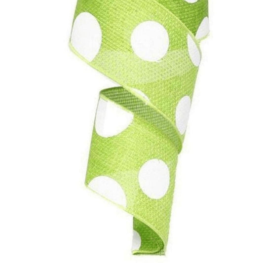 2.5" Faux Burlap Giant Polka Dot Ribbon: Lime Green & White (10 Yards)