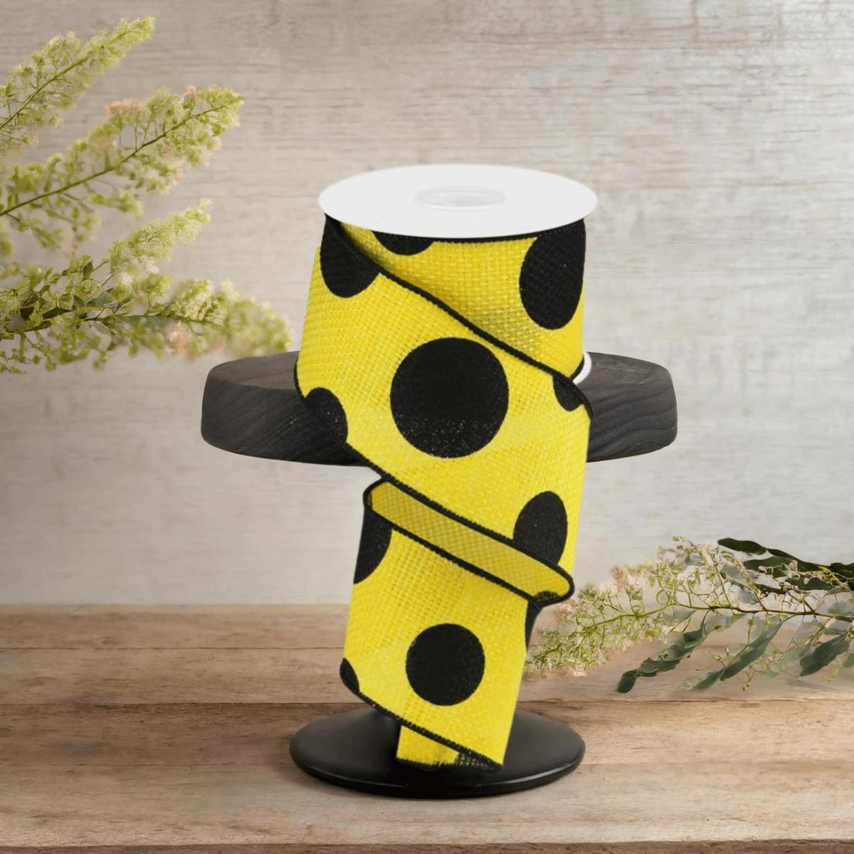 2.5" Faux Burlap Giant Polka Dot Ribbon: Yellow & Black (10 Yards)