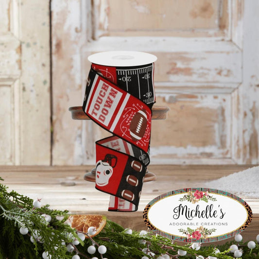 2.5" Football Block Pattern Ribbon: Red/Black (10 Yards)