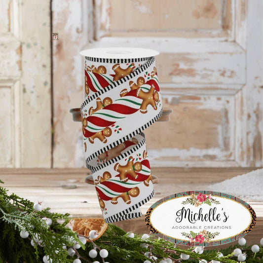 2.5" Gingerbread Kids Stripe Ribbon: White/Red (10 Yards)