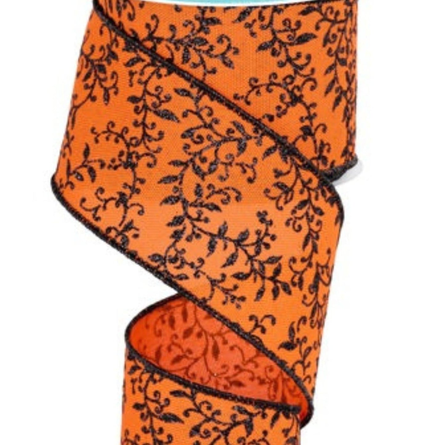 2.5" Glitter Mini Leaf Vines Ribbon: Orange/Black (10 Yards)