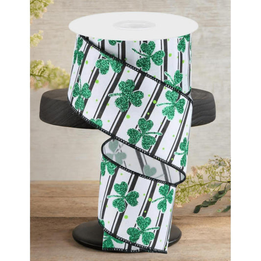 2.5" Glitter Shamrock Ribbon: Dots/Stripes (10 Yards)