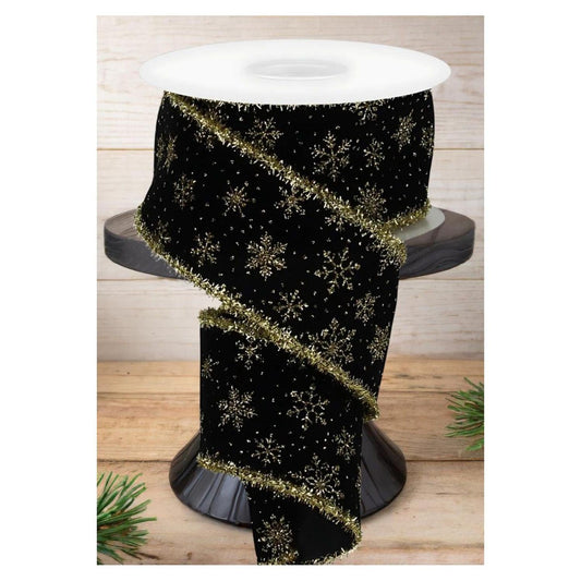 2.5" Glitter Snowflakes Tinsel Ribbon: Gold/Black (10 Yards)