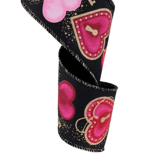 2.5" Heart Locks Ribbon: Black (10 Yards)