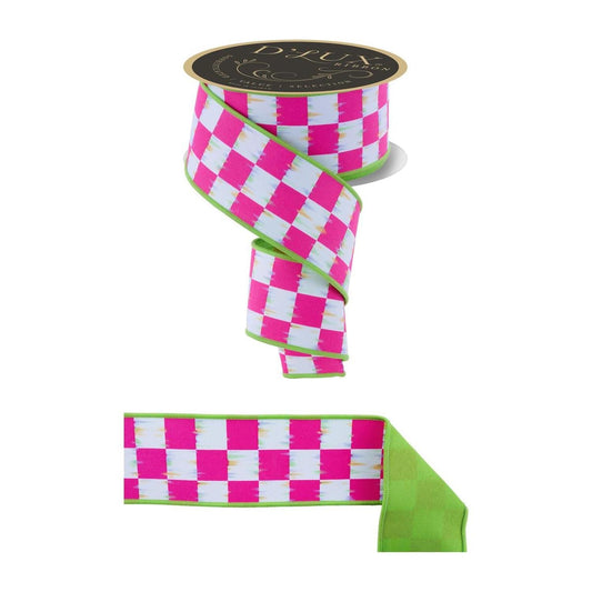 2.5 in Bold Antique Check Fused Ribbon: Hot Pink (10 Yards)
