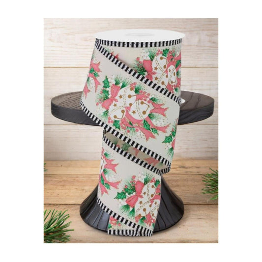 2.5" Jingle Bell Holly Stripe Edge Ribbon: Ivory (10 Yards)