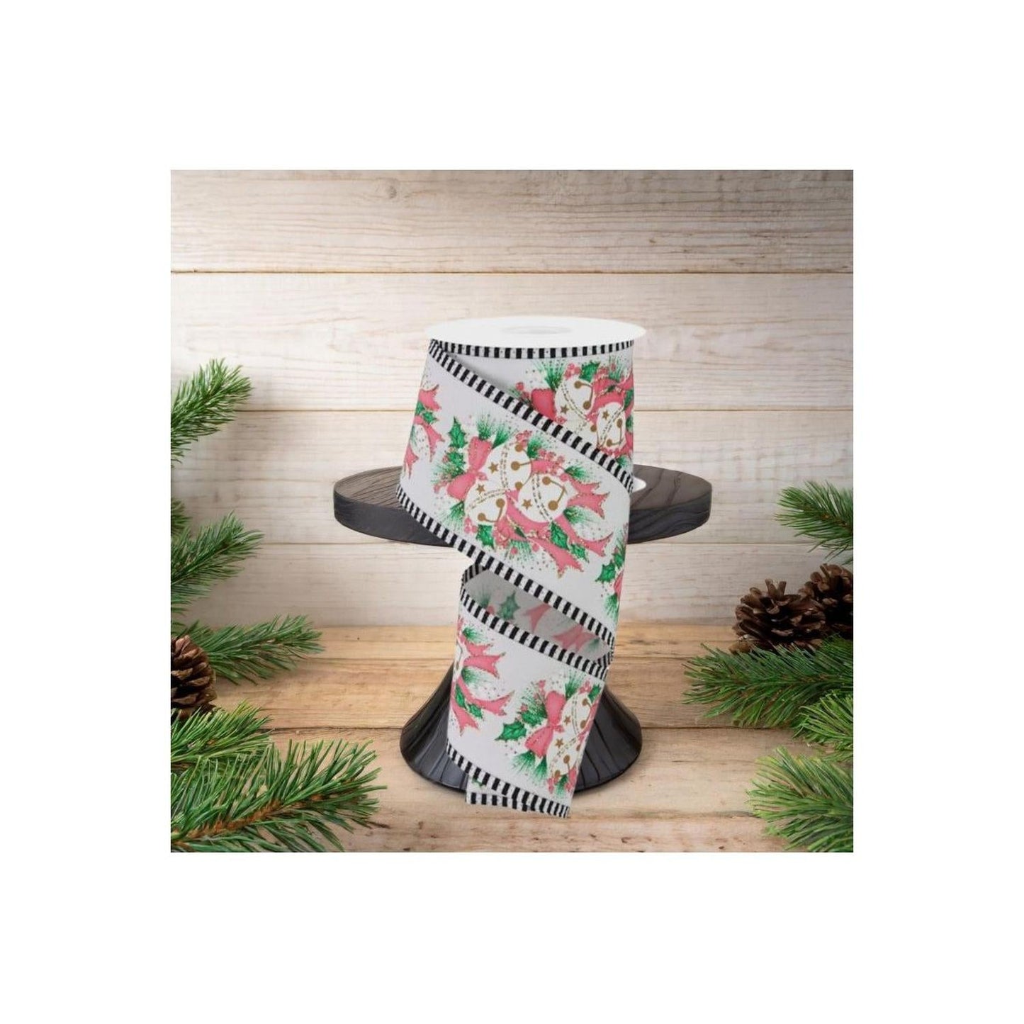 2.5" Jingle Bell Holly Stripe Edge Ribbon: White (10 Yards)