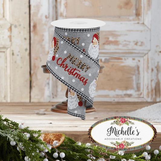 2.5" Leopard Santa Check Edge Ribbon: Lt Grey (10 Yards)