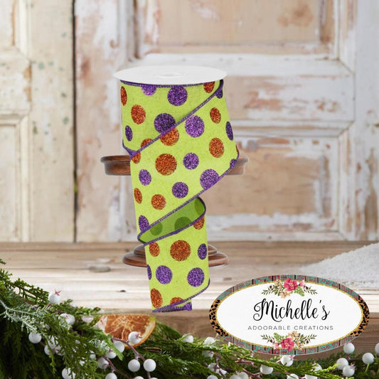 2.5" Lime Green Ribbon with Multi Glitter Dots