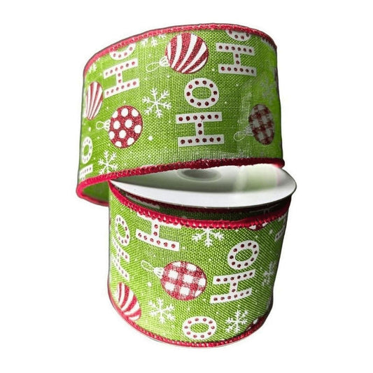 2.5" Linen Ho Ho Ho Ribbon: Lime Green (10 Yards)