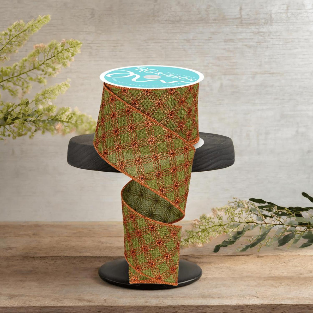 2.5" Multi Circles and Dots Ribbon: Green/Copper (10 Yards)