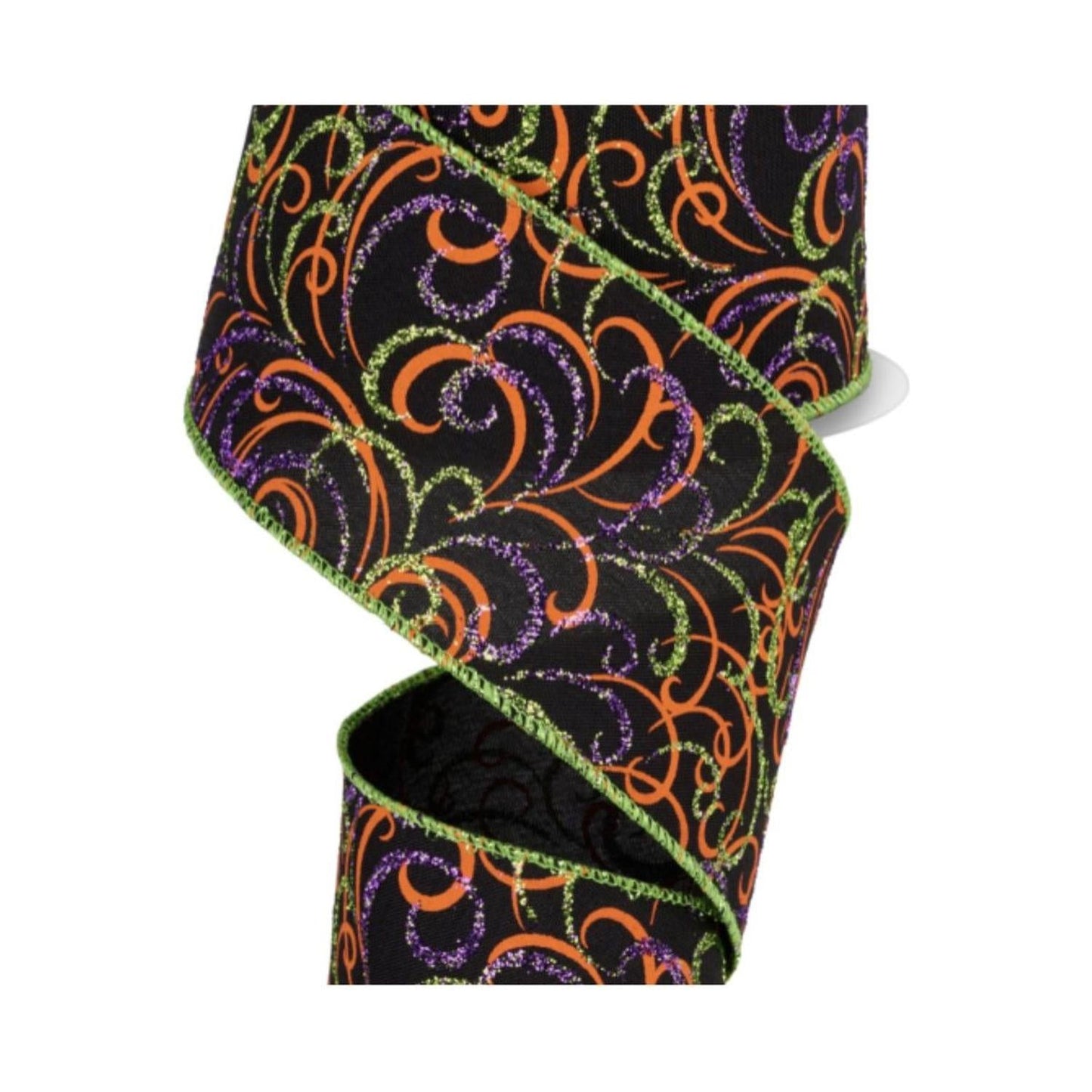 2.5" Multi Swirls Glitter Ribbon: Black/Orange/Purple/Lime (10 Yard)