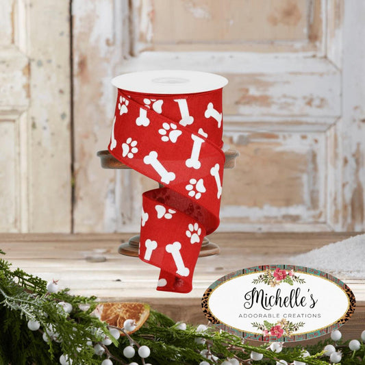 2.5" Paw Print Royal Ribbon: Red & White (10 Yards)