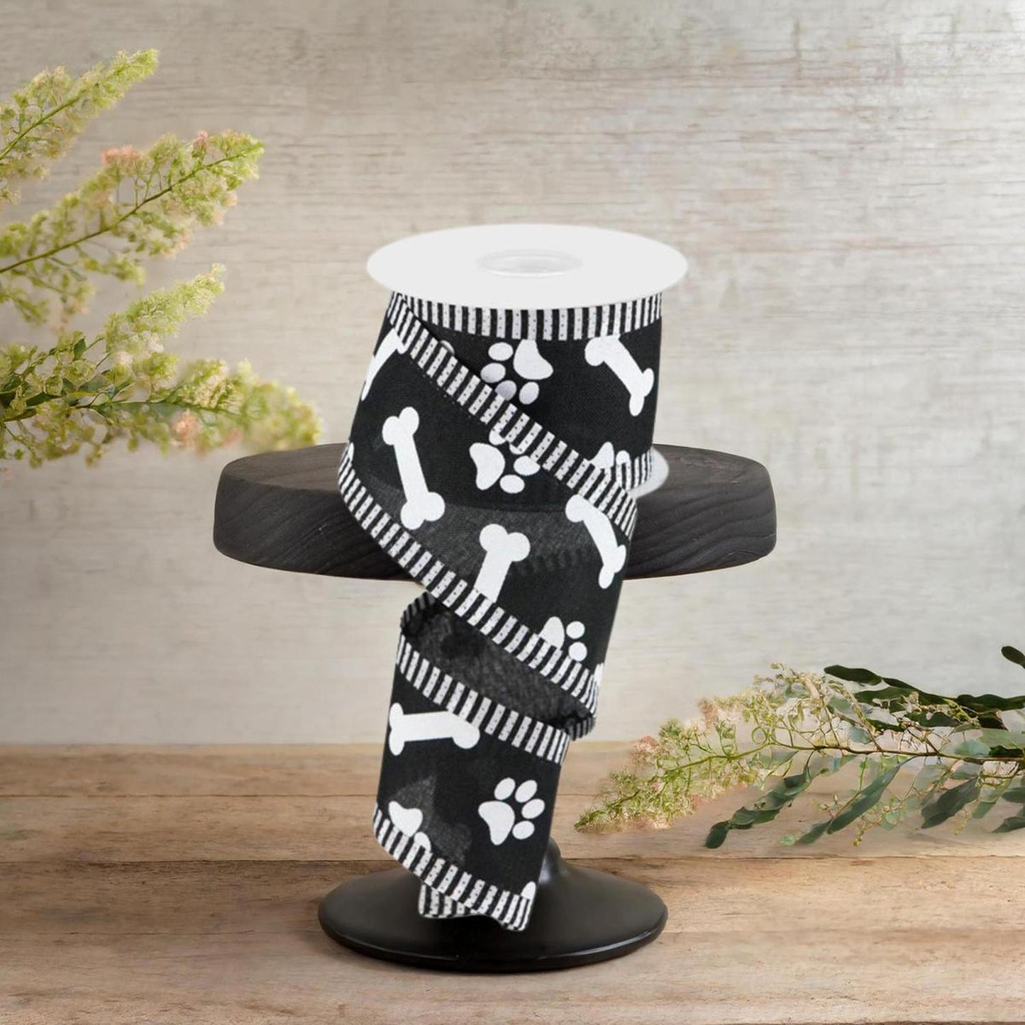 2.5" Paw Print Thin Stripe Ribbon: Black & White (10 Yards)