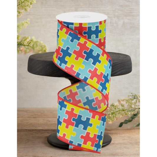 2.5" Puzzle Piece Ribbon: Autism Awareness (10 Yards)