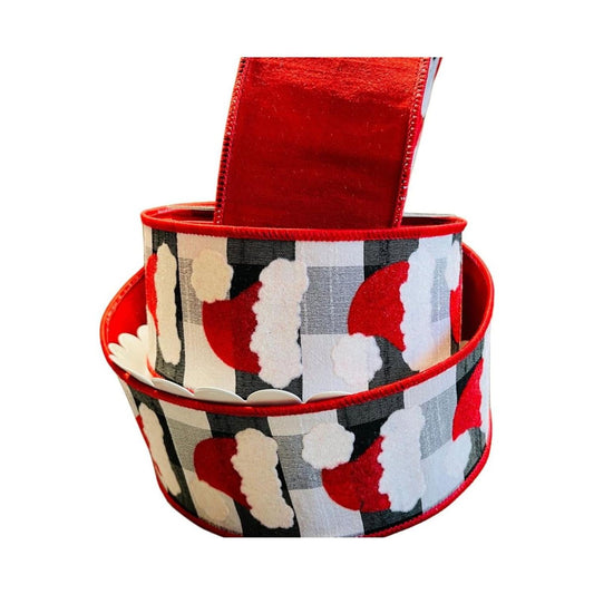 2.5" Santa Hats on Check Ribbon: Black & White (10 Yards)
