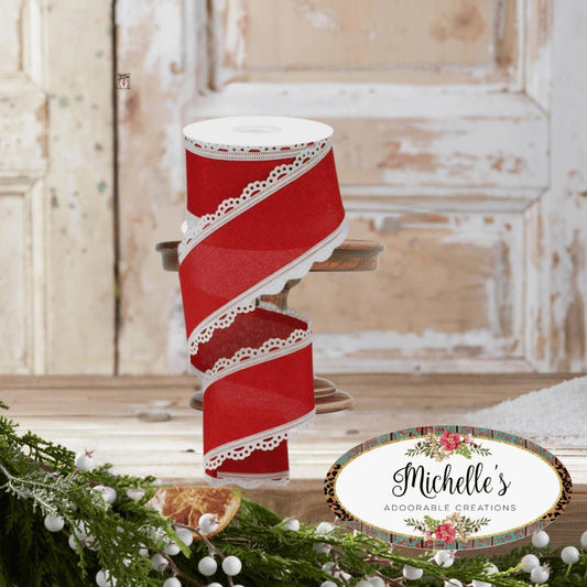 2.5" Scalloped Edge Ribbon: White/Red (10 Yard)