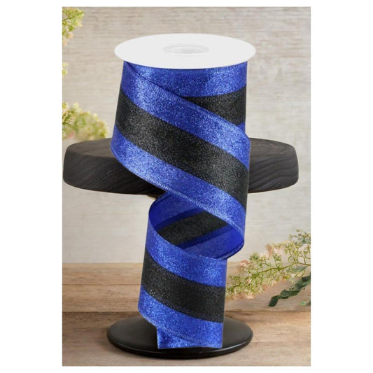 2.5" Shimmer Glitter Stripe Ribbon: Royal Blue & Black (10 Yards)
