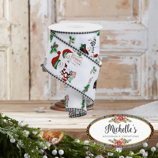 2.5" Snowman Ornaments Gingham Ribbon: White (10 Yards)