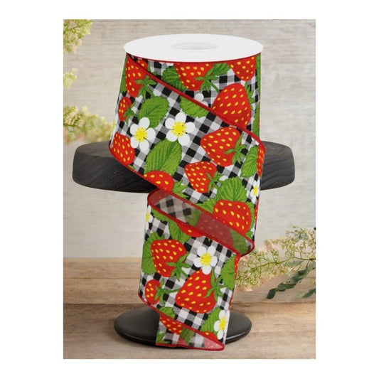 2.5" Strawberries on Check Ribbon: Black & White (10 Yards)