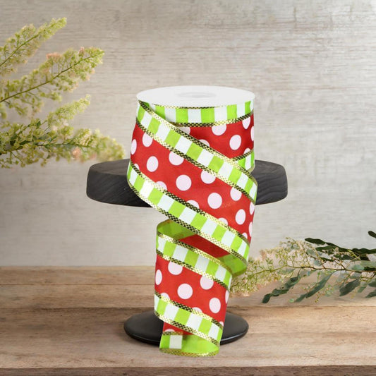 2.5" Striped Edge Polka Dot Ribbon: Red, Lime & White (10 Yards)