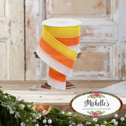 2.5" Tricolor Striped Ribbon: Orange/White, Yellow (10 Yards)