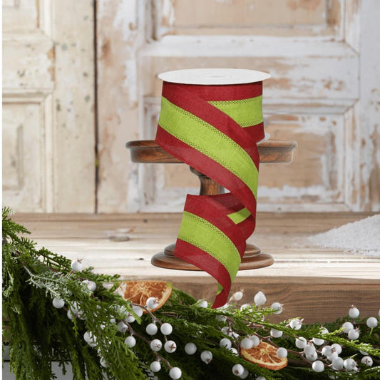 2.5" Tricolor Striped Ribbon: Red/Lime Green (10 Yards)