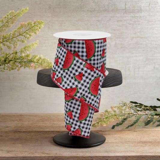 2.5" Watermelon Slice Gingham Ribbon: Black/White (10 Yards)