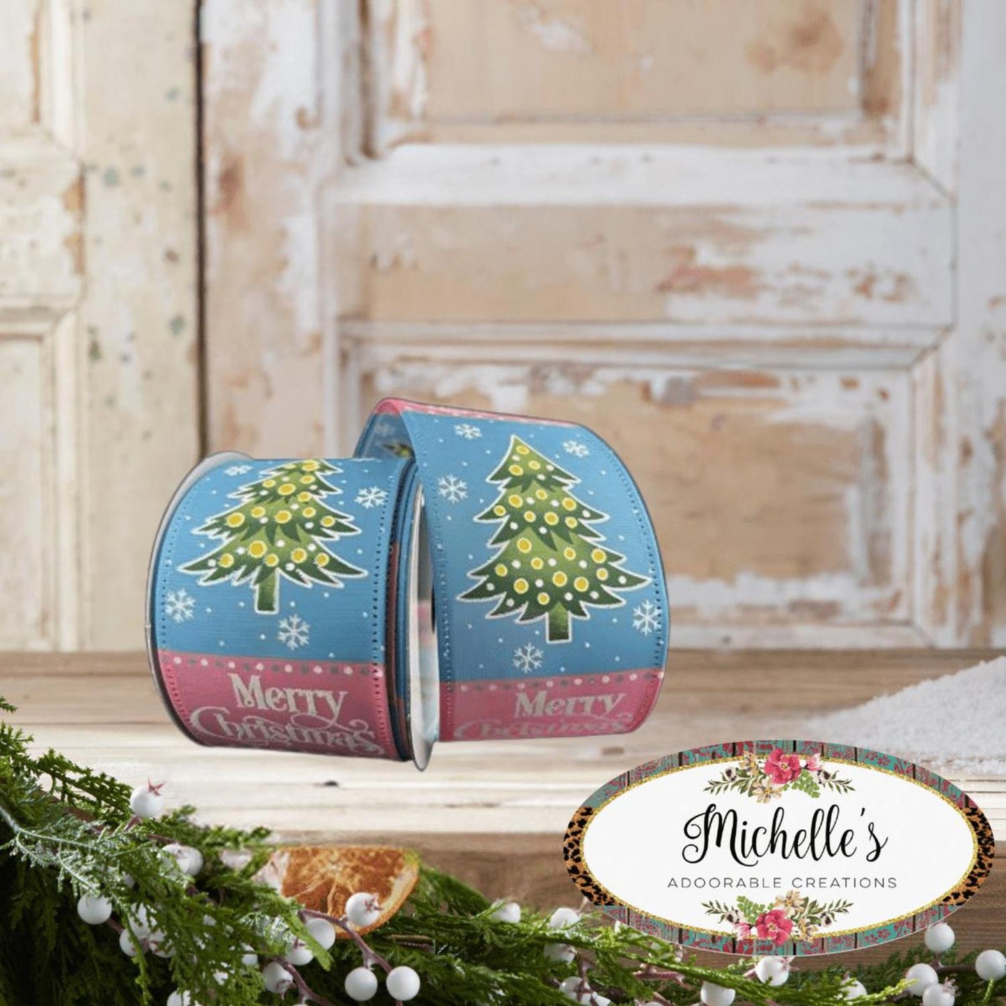 2.5" Whimsy Merry Christmas Ribbon: Pink & Blue