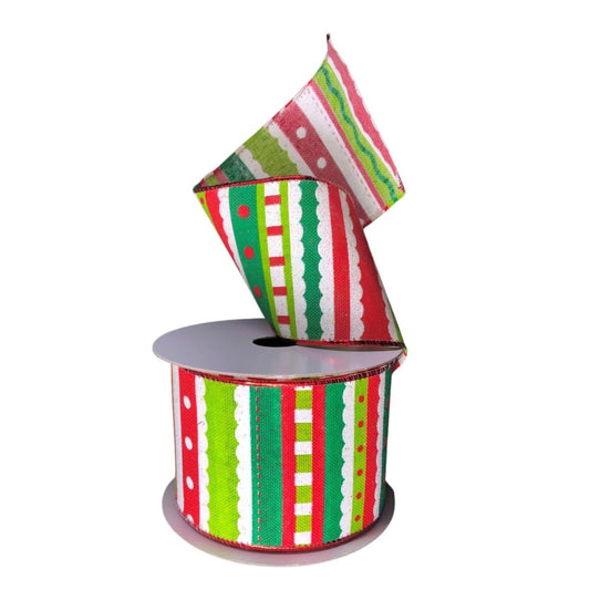 2.5" Whimsy Stripe Ribbon: Lime, Red, White (10 Yards)