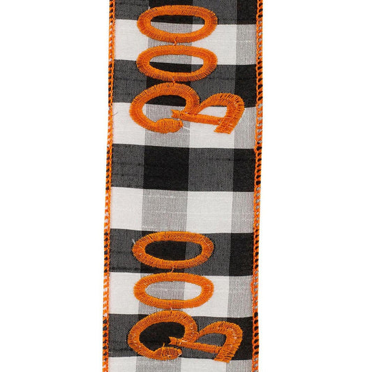 2.5in Boo Embroidered Check Wired Ribbon (10 Yards)