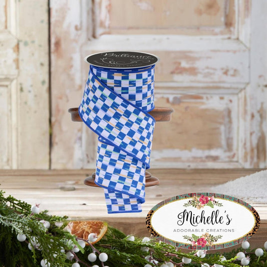 2.5in Mini Antique Checker Ribbon: Blue (10 Yards)