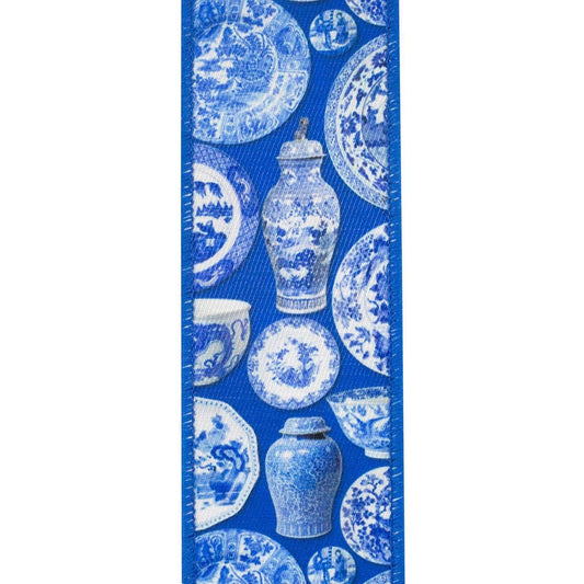 2.5in Terra Cotta Ceramics Chinoiserie Ribbon: Blue (10 Yards)