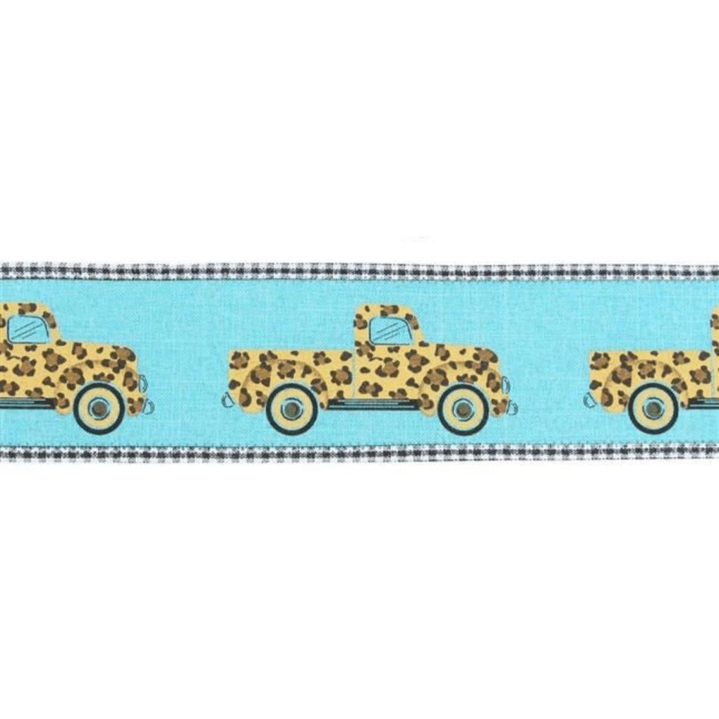 2.75" Leopard Truck Gingham Edge Ribbon: Teal (10 Yards)