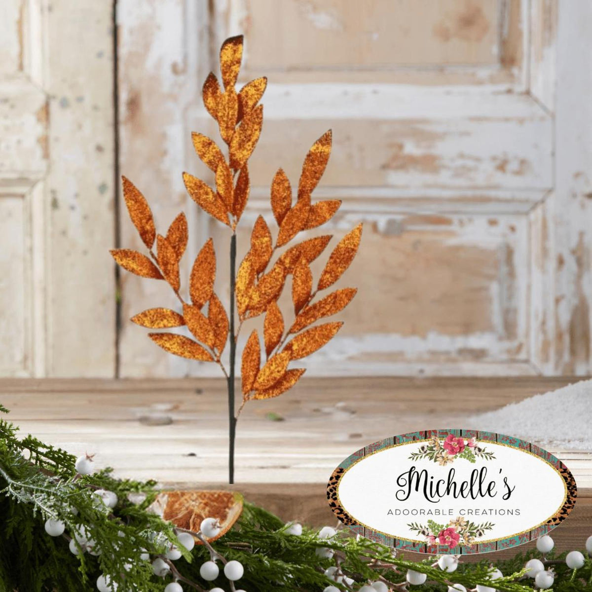 30" Glitter Laurel Leaf Spray: Orange
